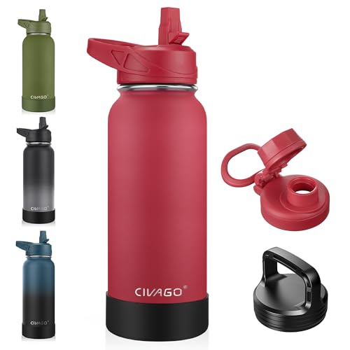 Image of CIVAGO 32 oz Insulated Water Bottle With Straw, Stainless Steel Sports Water Cup Flask with 3 Lids, Wide Mouth Travel Thermal Mug, Red