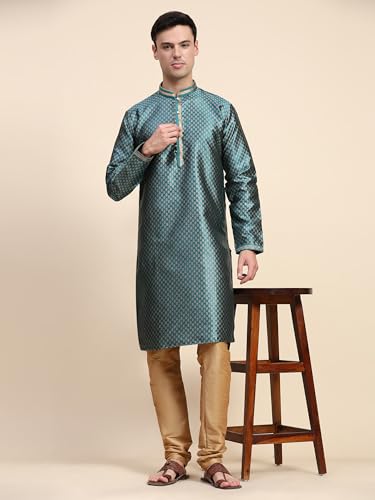 SKAVIJ Men's Embroidered Kurta Pajama Set Jacquard Silk Ethnic Motifs 2-Piece Set3