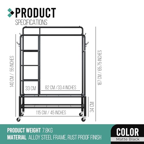 Klass Home Collection Heavy Duty Clothes Rail on Wheels, 120KG Black Metal Rack With Double Hanging Clothing Rail, Shoe Rack, Storage Shelves & 4 Coat Hooks, Wardrobe Clothes Rails For Bedroom
