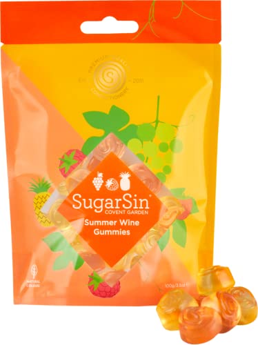 SugarSin - Summer Wine Gummies Pouch, Soft Gummy Assortment, Infused with Real Wine & Pineapple and Raspberry Flavours, Dairy & Gluten Free, No Palm Oil or Nuts, Resealable 1x100g
