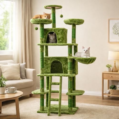 Rascador para gatos verde con 7 niveles y 2 condos miniatura 1