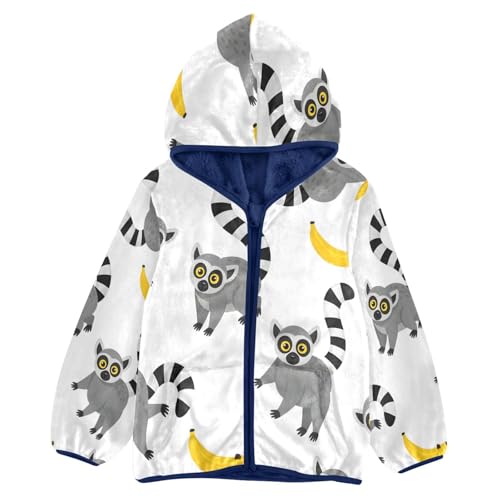 Lemur and Banana Pattern Print Toddler Fleece Jacket Girl Boys Hooded Fleece Jacket Coat Warm Outwear Zip-up 3-10T
