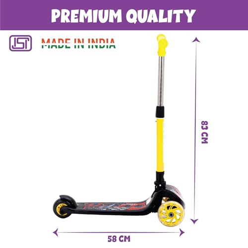 Image of ToyMagic Swift & Stride Scooter 3 Wheeler with Led Wheels Non Electronic Motion Activation Smart Kick Foldable Toy Height Adjustable Handle Birthday Gift for 3+ Made in India, Yellow, Kid