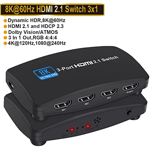 Interruptor HDMI 3 em 1 8K HDMI Seletor de Display 3 Portas HDMI 2.1 Comutador Divisor para HDTV PC