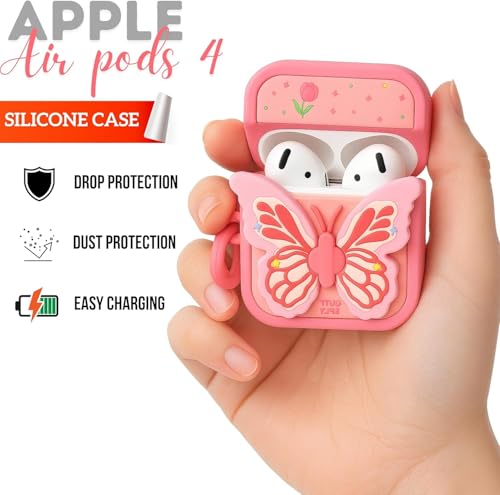 Image of Emoh Roced Case for AirPodS 4 (2024) with Keychain (ANC), Cute Cartoon Shockproof Protective Cover Compatible with Apple AirPods 4th Generation 2024 for Women and Boys (Butterfly-4)