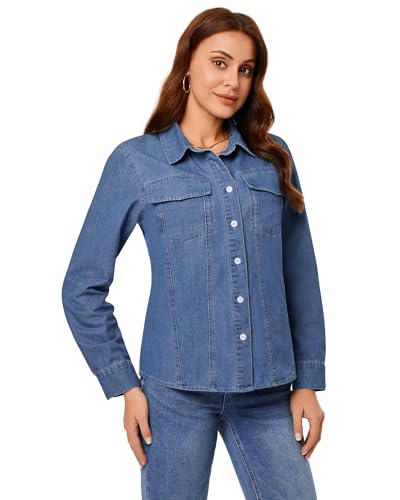 GRAPENT Denim Button Down Shirts for Women Long Sleeve Western Casual Lightweight Collared Pocket Jean Shirt Shacket Top2