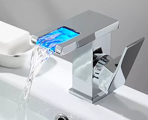 Grifo de lavabo cascada LED plateado para fregadero de baño moderno LWX