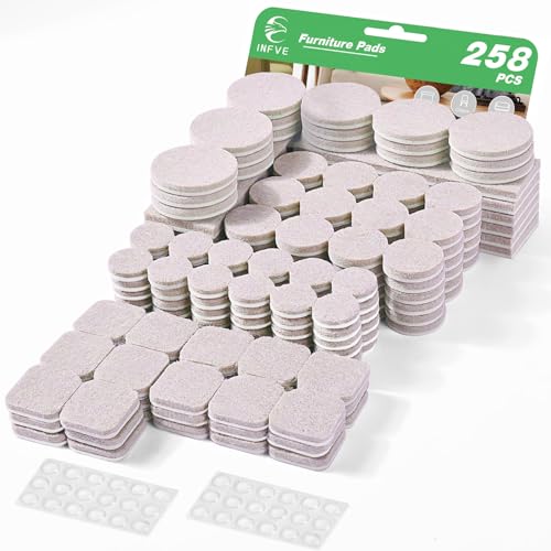 INFVE Felt Furniture Pads, 258-Pack, Self-Adhesive Hardwood Floor Protectors, Easy Furniture Sliders for Chairs, Tables, and Beds - 222 Beige Thick Pads + 36 Cabinet Bumpers