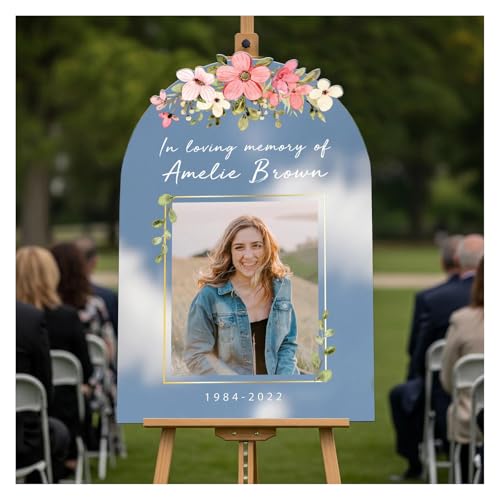 Image of Personalized in Loving Memory Sign for Funeral with Photo - Floral Funeral Welcome Sign - Custom Funeral Sign - Celebration of Life Decorations