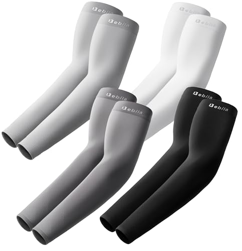 Bebila Arm Sleeves for Men Women UV Sun Protection Sports Cooling Compression Sleeves for Basketball Golf Outdoor (Black+dark Gray+light Gray+white Medium)