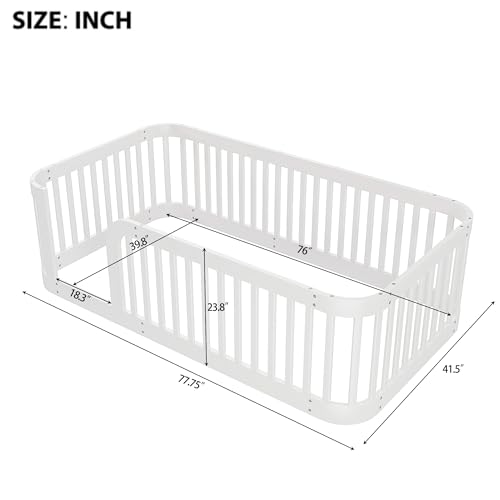Image of Bellemave Twin Size Floor Bed Frame with High Fence,Solid Wood Kids Montessori Floor Bed Twin Size for Kids Girls Boys,Rounded Corner Design,White