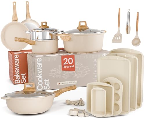 Bakken Master 20 Piece Cookware Set - Pots and Pans with Handle Grips and Tempered Glass Lids With 6-piece Bakeware Set Nonstick Granite Coating Ceramic Max Temperature (Up To 500 F) Cream