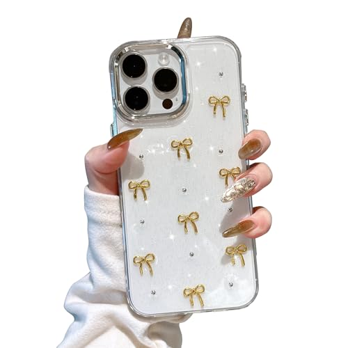 Coque iPhone 15 Pro Max mignon nœud doré idée cadeau esthétique brillant