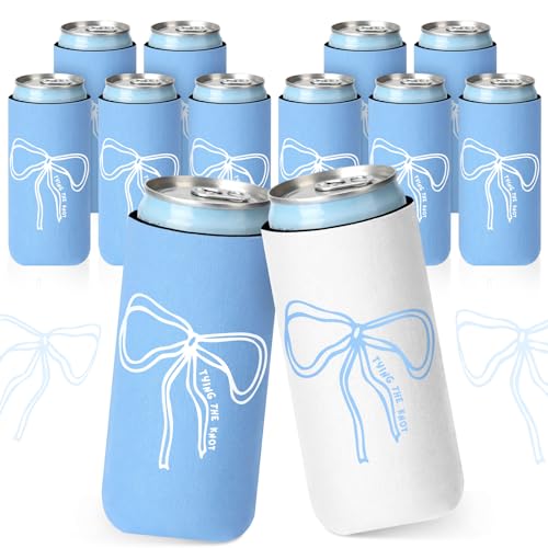Image of SiliFine 12 Pcs Bachelorette Party Can Sleeves Bulk Coquette Bachelorette Party Decoration Cowgirl Can Sleeves for Bridal Shower Gifts (3.5 x 5.5 Inches,Blue Bow)