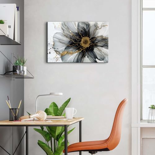 Image of Black and White Gold Abstract Wall Art Modern Wall Decor Marble Flower Fluid Picture Canvas Prints for Bathroom Living Room Watercolor Minimalist Abstracted Painting Artwork Home Decoration 16x24 inch