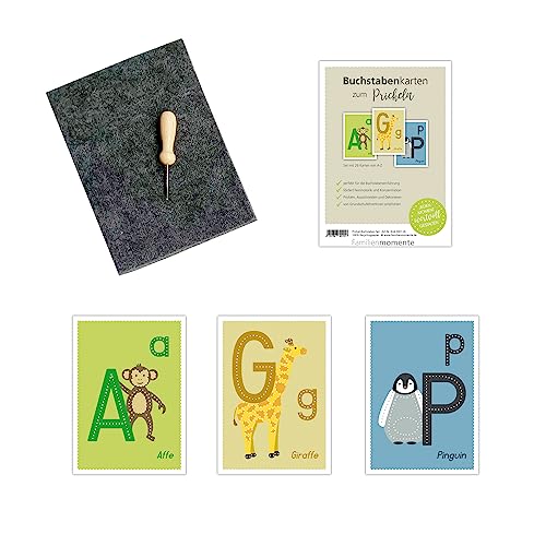 Familienmomente Bastelset Prickelset Buchstabenkarten A-Z Tiermotive Einschulung Schultüte Zuckertüte Schulanfang Geschenk 100% Recyclingpapier