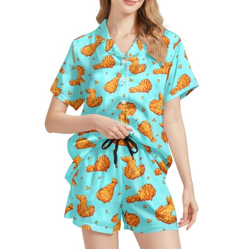 Image of Funny Satin Pajamas Set for Women Button Down Sleepwear Print Pjs Set 2 Piece Short Sleeve Loungewear Gift for Women