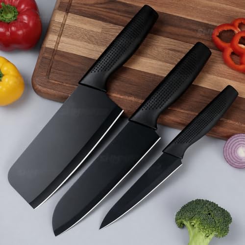 Image of SNMMIFER Kitchen Knife Set, 3 Piece, High Carbon Stainless Steel, Non-Slip PP Handle, Black, for Cooking, Cutting and Slicing (Black)