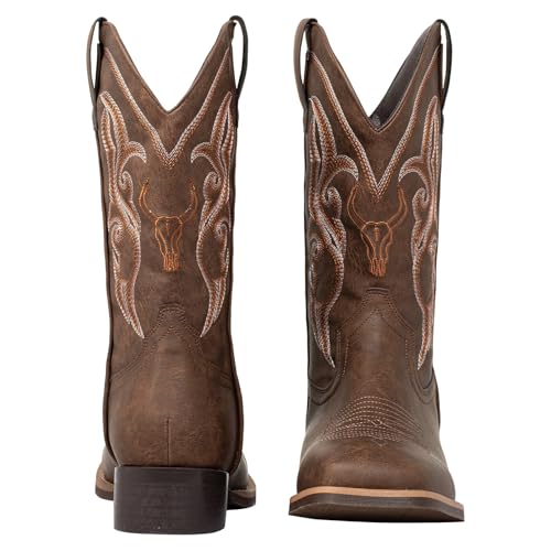 J's.o.l.e Western Cowboy Boots for Men Square Toe Embroidered Slip On Wide Calf Country Work Riding Boot Brown2