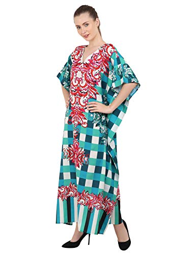 Image of Miss Lavish London Teal Check Print Kaftan Dress for Women V Neck Batwing Sleeve Maxi Beach Cover Up, Plus Size Caftan with Side Slits & Pockets, Resort Wear Swimsuit Coverup-Teal-3XL