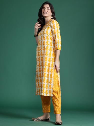 Image of INDO ERA Women's Pure Cotton Printed Straight Kurta & Pant with Dupatta Set
