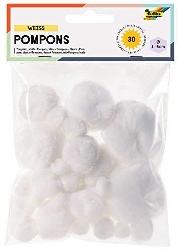 Folia 50030 – Lot de 30 Pompons Blancs Assortis en 5 Tailles différentes d'environ 10 mm à 50 mm, idéal pour Les travaux manuels Polyvalents, Blanc.