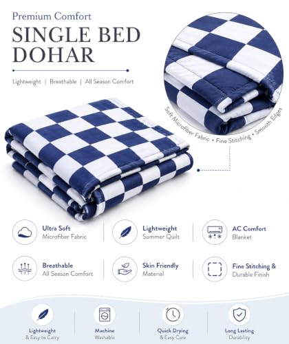 Image of Single Bed Dohar Classic Navy Check | Lightweight Summer Quilt | Soft Microfiber AC Blanket | Breathable All Season Comforter | Skin Friendly Bed Cover