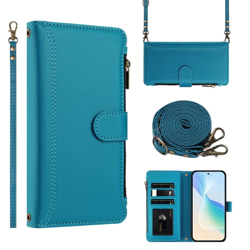 Étui Oppo Find X5 Pro bleu lac en cuir avec fermeture éclair et sangle pratique