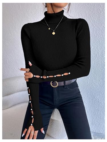 MakeMeChic Women's Rib Knit Turtleneck Cut Out Long Sleeve Slim Fit Fall Sweaters Trendy Pullovers Tops4
