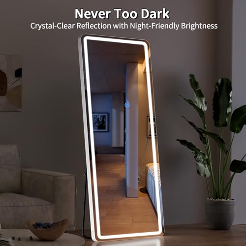 Image of Koonmi Full Length Mirror with LED Lights, 65 inchx26 inch Lighted Mirror with Dimming & 3 Color Lighting, Big Mirror for Bedroom, Dressing Room, Rectangle,White