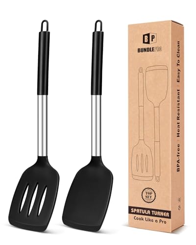 Pfannenwender aus Silikon, robust, antihaftbeschichtet, geschlitzt, hitzebeständig, BPA-frei, ideales Kochgeschirr für Fisch, Eier, Pfannkuchen, schwarz, 2 Stück