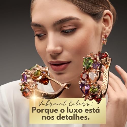 Brinco Feminino de Luxo Cravejado em Cristais de Zircônia Coloridos - Semijoia Refinada 