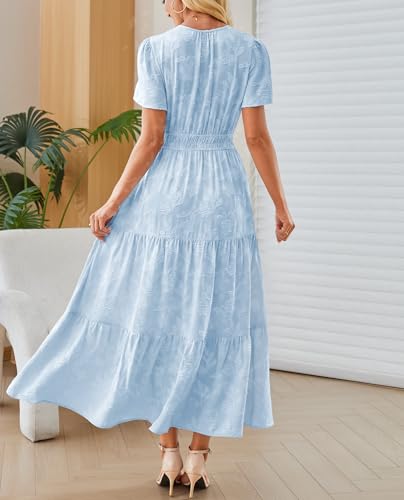 Image of Women's Maxi Dresses Boho Burnout V Neck Short Puff Sleeve Smocked Empire Waist Long Wedding Guest Semi Formal Dress Pockets