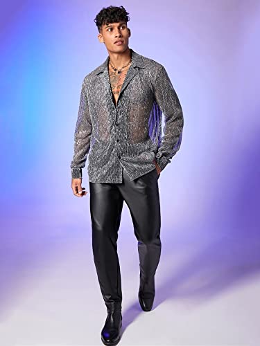 WDIRARA Men's Sheer Mesh See Through Glitter Button Front Long Sleeve Shirt Tops4