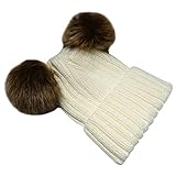 Winter Beanie Hat for Women Knitted Double Pom Pom Faux Fur Ball Cap Skull Hat (Beige Double Ball)