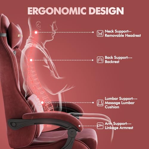 Image of Soontrans Velvet Fabric Gaming Chair for Adult, Ergonomic Comfortable Video Gamer Chair with Footrest, Reclining Office Computer Desk Game Chairs with Massage Lumbar Cushion,Headrest