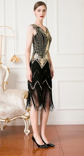 Image of Women Flapper Dresses 1920s V Neck Beaded Fringed Great Gatsby Club & Night Out Dresses