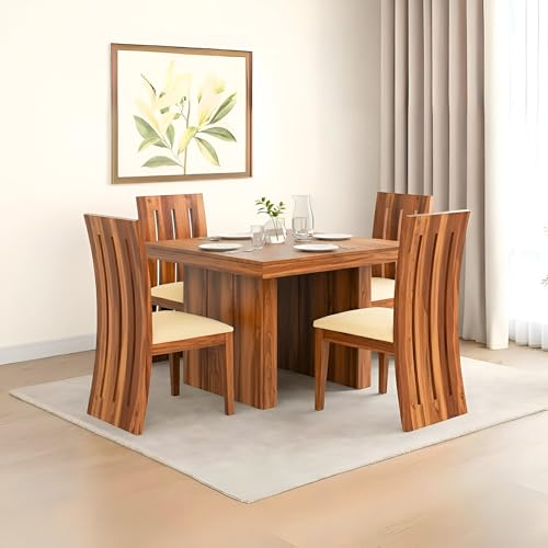 Image of SONA ART & CRAFTS Poster Solid Sheesham Wood 4 Seater Dining Table Set Dining Table with 4 Cushion Chairs Dinner Table Set for Dinning Room Home,Hotel and Office (Honey Teak Finish)