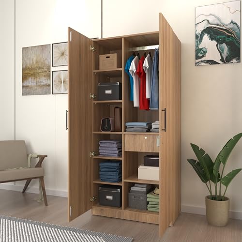 Image of Amoko Wardrobe | Engineered Wood Cupboard | Almirah | 2 Doors, 9 Shelves, Soft-Close Hinges, 1 Drawer 16 inch, 17mm Thick Shelves & Door Panels, 1 Hanging Rod | FREE Installation (Wood Oak Light)