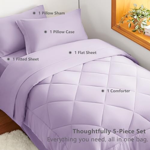 Image of CozyLux Twin XL Comforter Set Light Purple - 5 Pieces Twin Extra Long Bed in a Bag for College Dorm, All Season Bedding Set for Girls and Boys, Soft Bed Set with Comforter, Sheets, Pillowcase & Sham