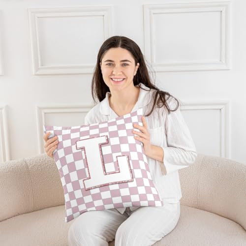 Image of Erosebridal Pink Initial L Throw Pillow Covers 16x16 Set of 2 Kawaii Plaid Checkered Cushion Cover Cute Personalized Monogram Throw Pillow Case for Bed Couch Sofa Fashion Grids Gingham Home Decor