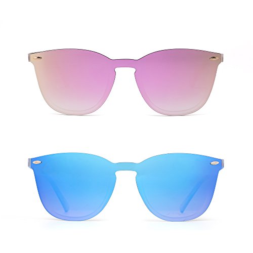 2 Paires Lunettes de Soleil Femme Polarisé Miroir Lunette Solaire Sans Monture One Piece Réfléchissant Homme (Miroir rose et miroir bleu)