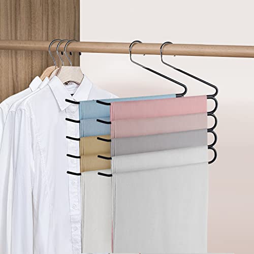Pants Hanger Jeans Trouser Hanger 4 Pack Stainless Steel Rack Non Slip Closet Space Saver For Tie Scarf Shock Jeans Towel Clothes(Black) #TOP1