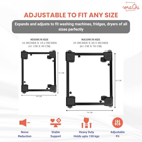 Image of SoraChi Adjustable Iron Washing Machine Stand with Wheels | Elevates Appliances to Prevent Water Damage & Reduce Vibrations | Universal Fit for Washers & Refrigerators (All Black)
