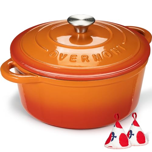 Overmont Olla de Hierro Fundido - Antiadherente Cacerola Holandesa de Esmaltado con Tapa - Ø26 CM Redonda Cacerola Holandesa para Cocinas de Inducción - Naranja