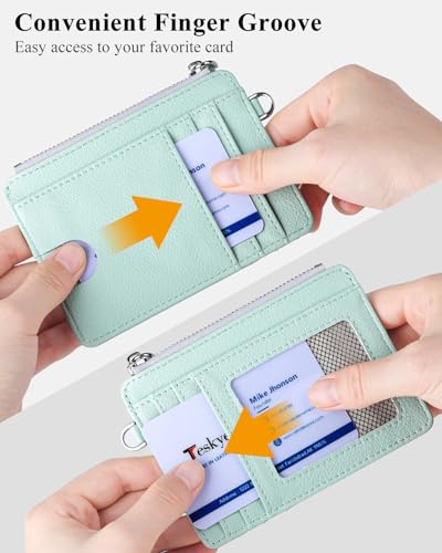 Image of Teskyer Slim RFID Wallet for Women, Small Card Holder with Zip Pocket, Light Green, 3.5 inch x 4.7 inch, Minimalist | Zip Pocket for Cash Coin, 1 ID Window & 7 Card Slots, Ultra Slim Design, D-Ring for Neck Lanyard, for Daily Carry and Travel