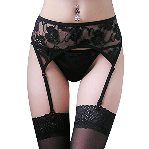 41lJM IuqqL - TOEECY Liguero Medias Mujer Encaje Floral Transparente con Tirantes Ajustables Sujetador de Medias Elegante Sexy Rejilla para Medias Altas Diseño Clásico