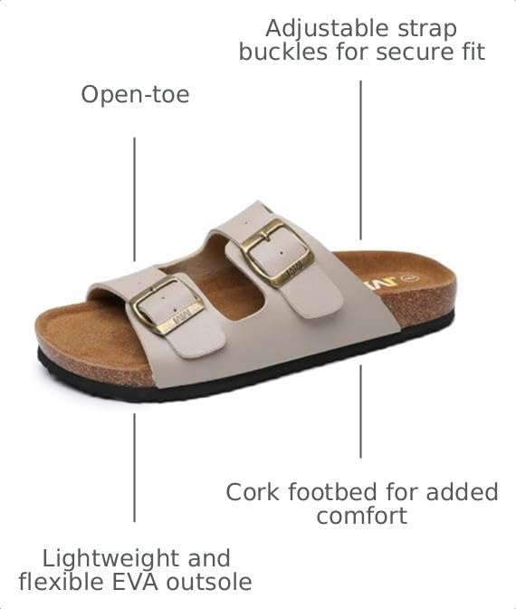 Image of WTW Women's Suede Cork Footbed Sandals Slide for Women with Arch Support | Comfortable Summer Sandals, Memory Foam Insole, Adjustable Buckle Beach Slip on Sandals for Travel and Everyday Wear