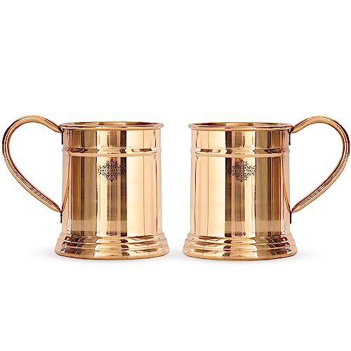 Image of INDIAN ART VILLA Pure Copper Tankard Shaped Mirror Line Design Moscow Mule Beer Mug Cup, Best for Beer Cocktail Parties, Barware, Volume-600ML, Set of 2
