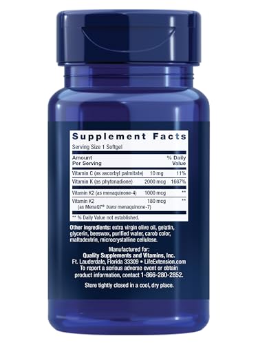 life extension super k vitamin k1 vitamin k2 mk-7 vitamin k2 mk-4 heart health arterial health calcium balance 3-month supply gluten-free 1 daily non-gmo 90 softgels